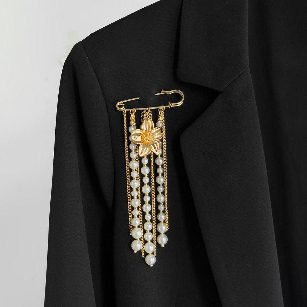 Flower Long Tassel Brooch Pearl Waist Cinching Fixed Pin Exquisite Multi-layer Chains Pin Women