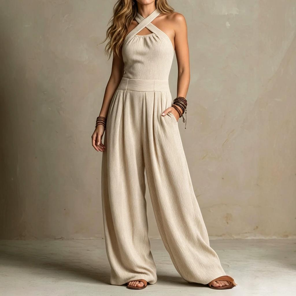 Europäische und amerikanische Damenkleidung, schulterfreier Jumpsuit mit Neckholder und Cut-outs, gestrickter vertikal gestreifter weiter Jumpsuit