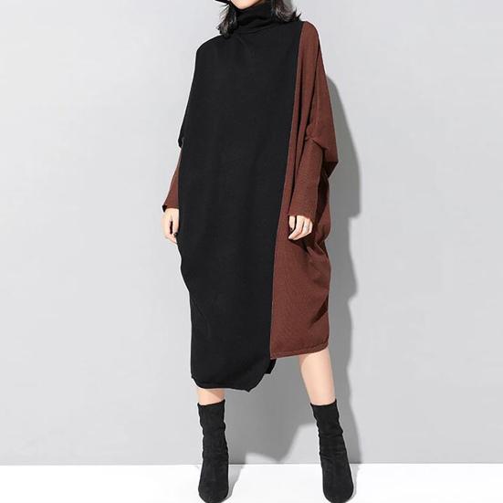 Turtleneck Batwing Long Sleeve Loose Fit Draped Women Dress Autumn Winter Contrast