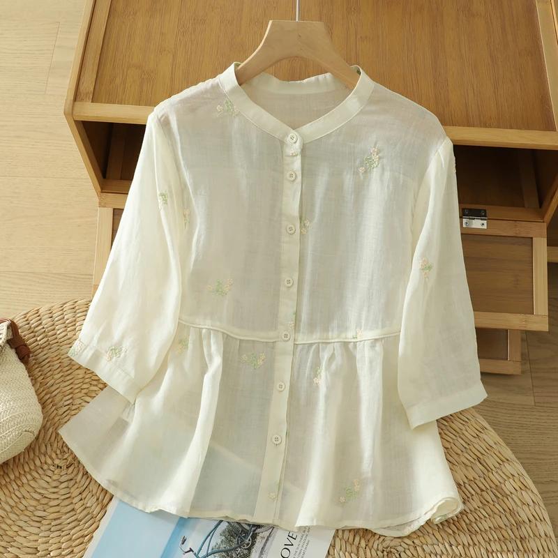 

Womens Embroidered Stand Collar 3/4 Sleeve Button Down Blouse M абрикосовый