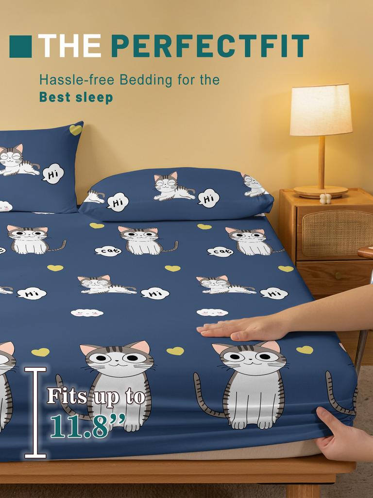 Cartoon 1 Cute Animal Cat Printed Matte Fitted Sheet, Bedroom Printed Bed Cover, Bedding Excluding Pillowcases
