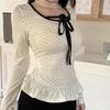 2025 Spring French Style Polka Dot Ruffle Trim Tie-Up Slim Fit Top for Women