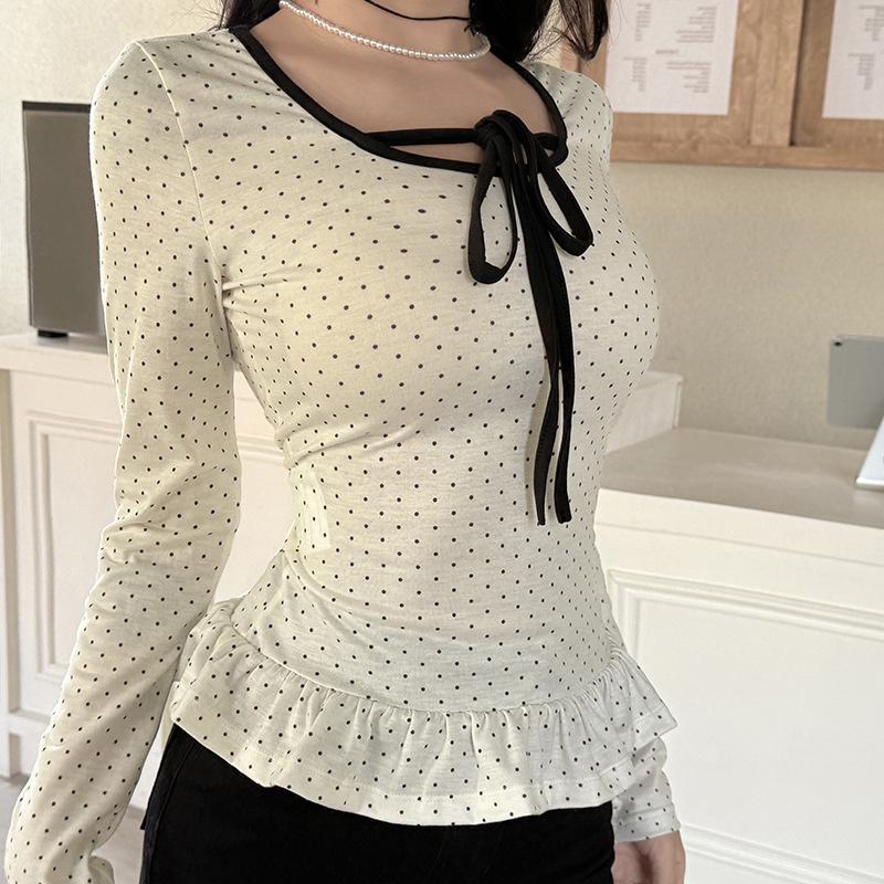 2025 Spring French Style Polka Dot Ruffle Trim Tie-Up Slim Fit Top for Women