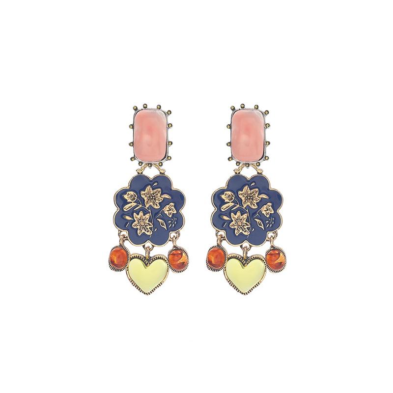 Retro Ethnic Style Resin Heart Dangle Earrings For Women Exquisite Charm Trendy Enameled Flower Earrings Party Jewelry Gift