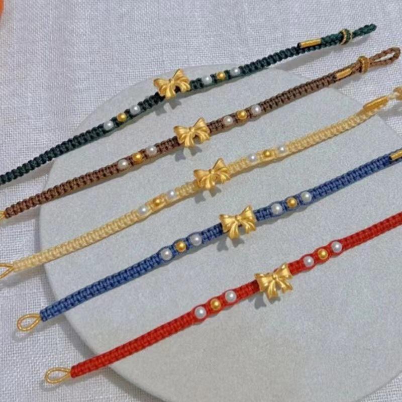 Fugitive Princess Bow Chain Bracelet: Sand Gold with Natural Pearl Beads Brown