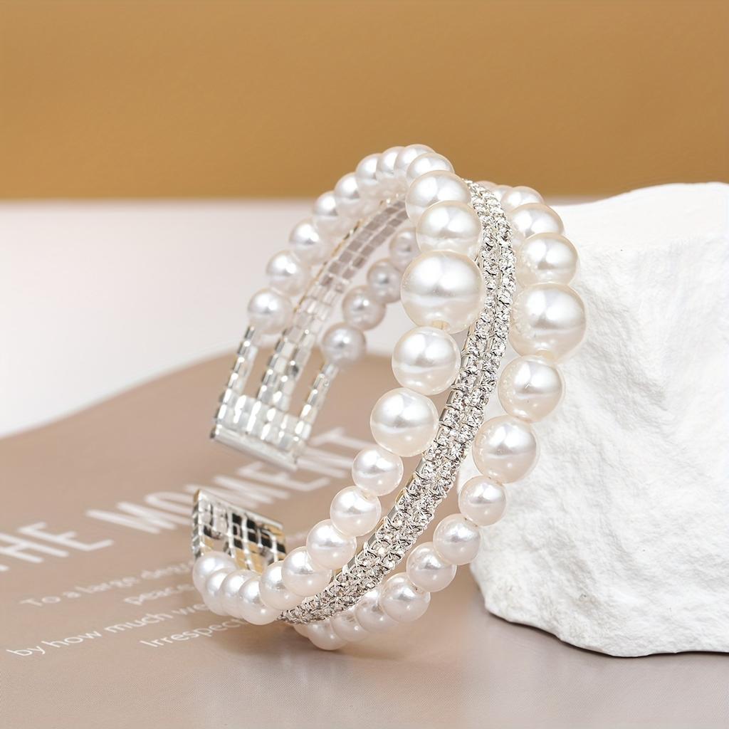 1PC Baroque Crystal Pearl Open Bracelet Gold Silver Rhinestone Multi-layer Bracelet Bridal Wedding Jewelry