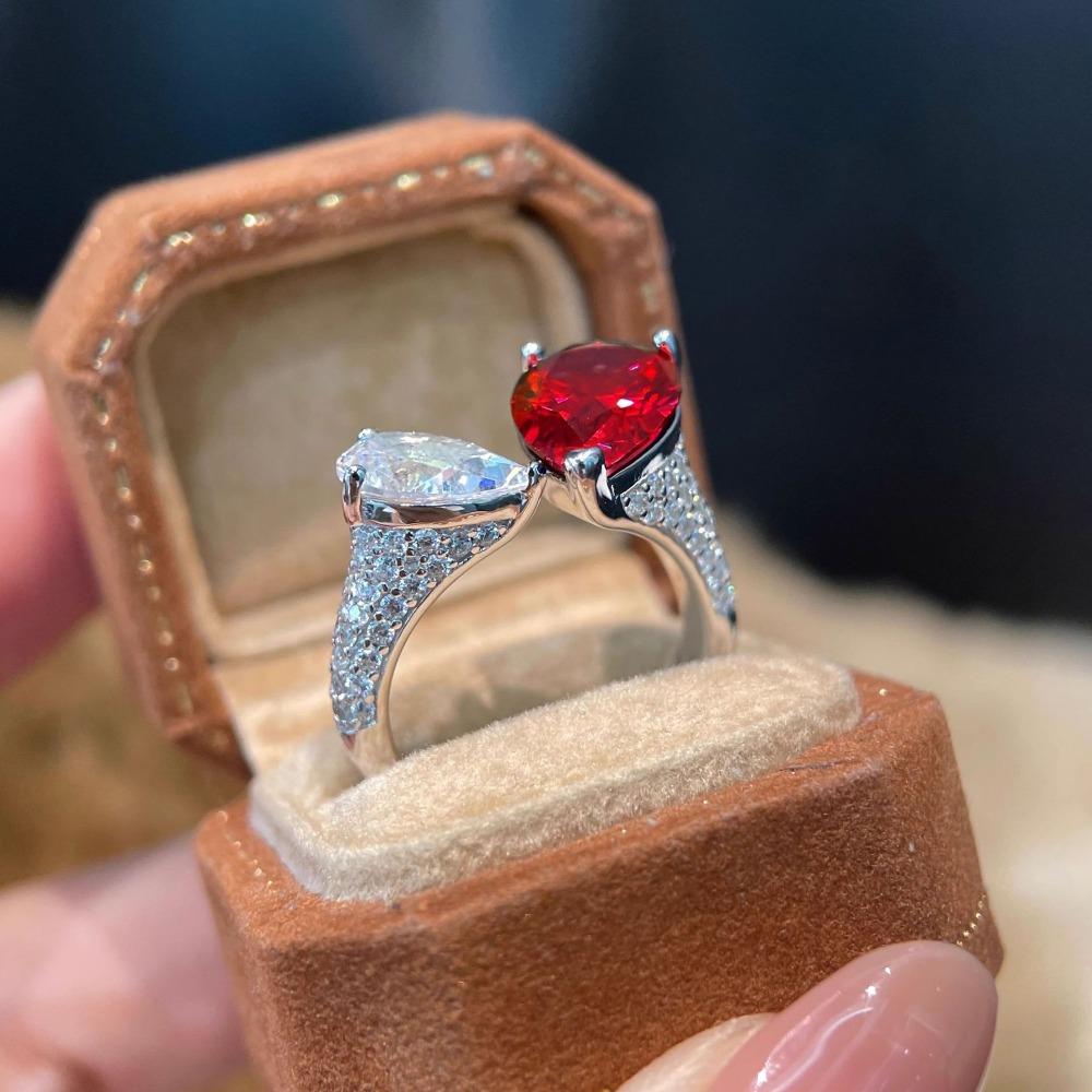 Open Ring Fashion Luxury Red Diamond Drop Shape Ring Unique Design Blue Gemstone Women Statement Ring