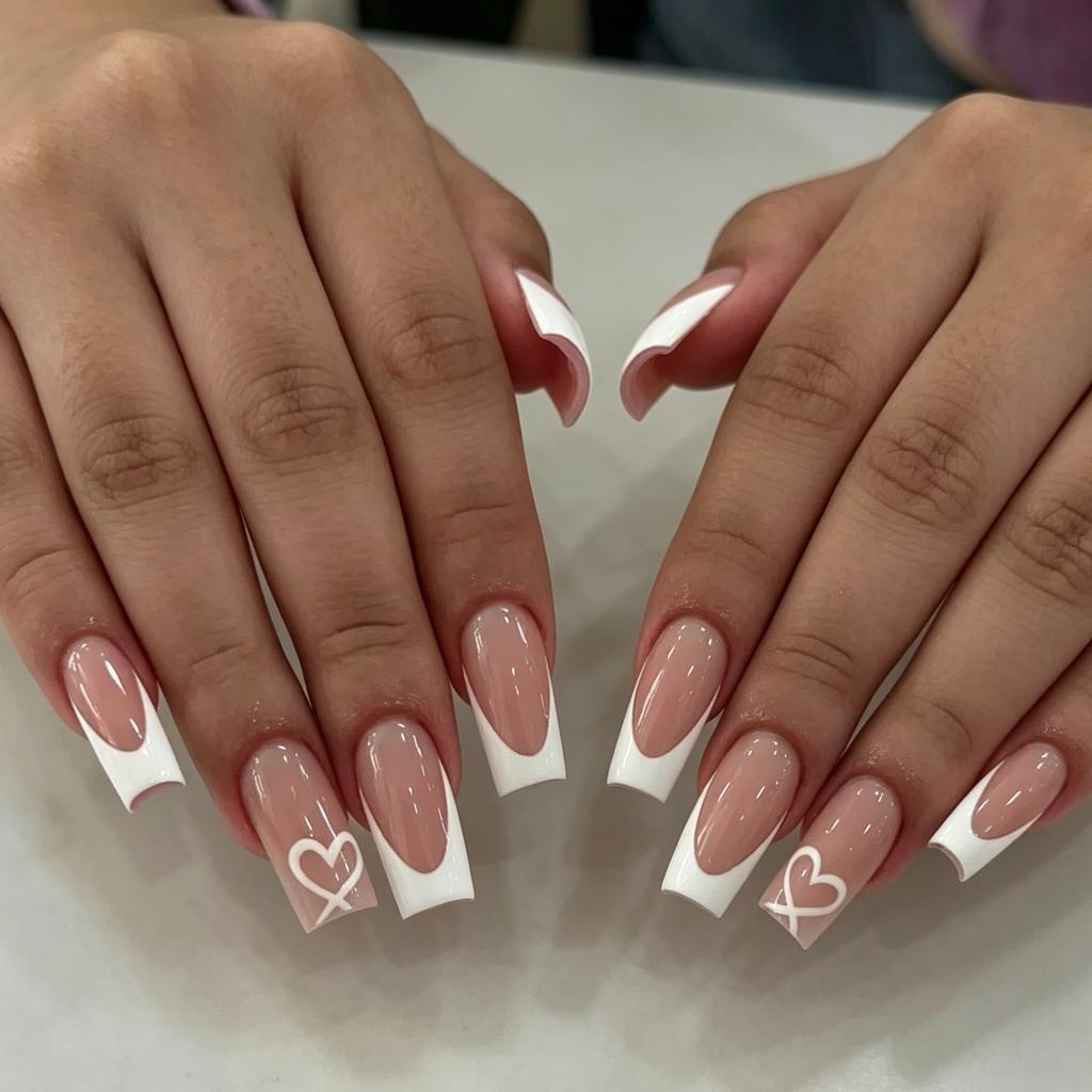 24 Nail Art Klassiek Frans Zoete Liefde Valentijnsdag Zacht Medium Lang Vierkant Draagbaar Nagels
