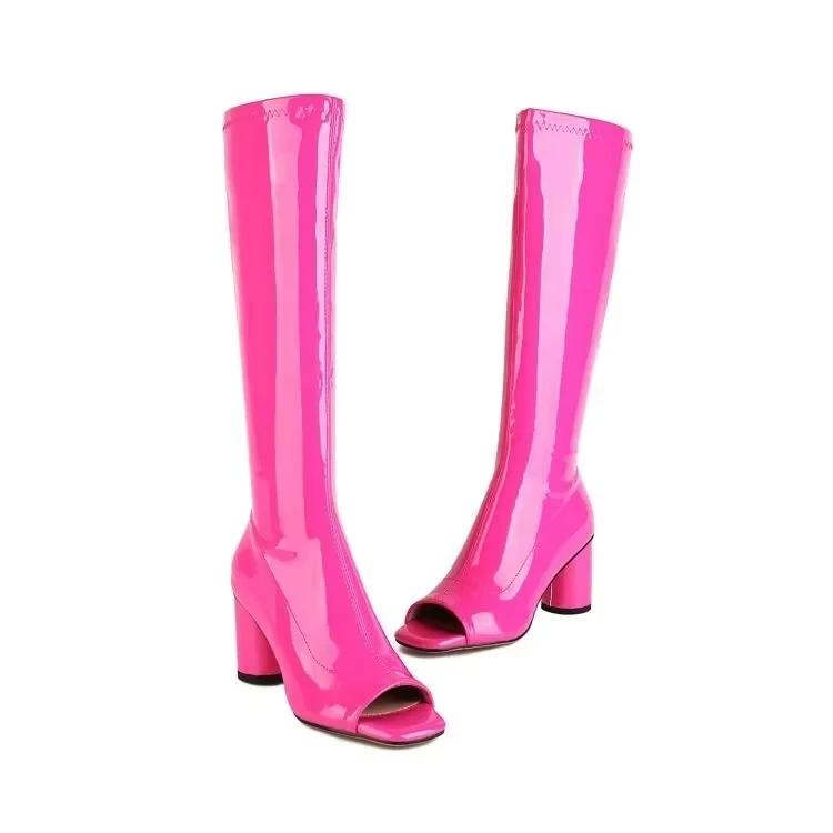 

Патентованные кожаные ботфорты женские с открытым носком на молнии розово-красные на блочном высоком каблуке с открытым носком осенне-весенние 33-46 46
