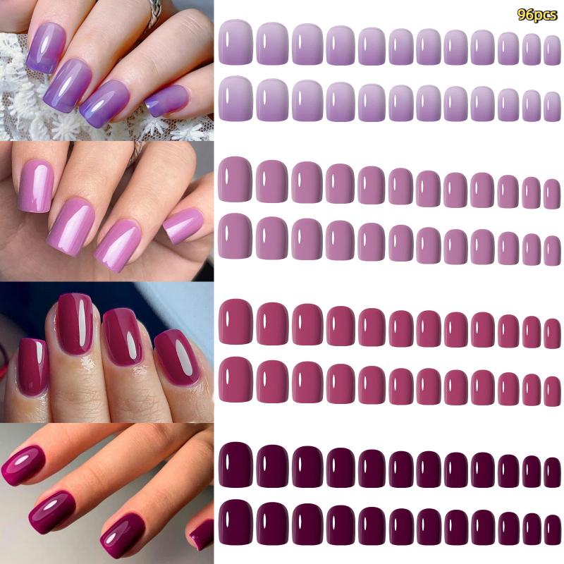 96Pcs 4-Color Glossy Manicure, Glossy Solid Color Fake Nails, Full Cover Artificial Nails For Natural Look Manicure