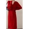 [] Autumn and winter v-neck knitted dress high-end red sweater skirt gentle wind temperament long dress