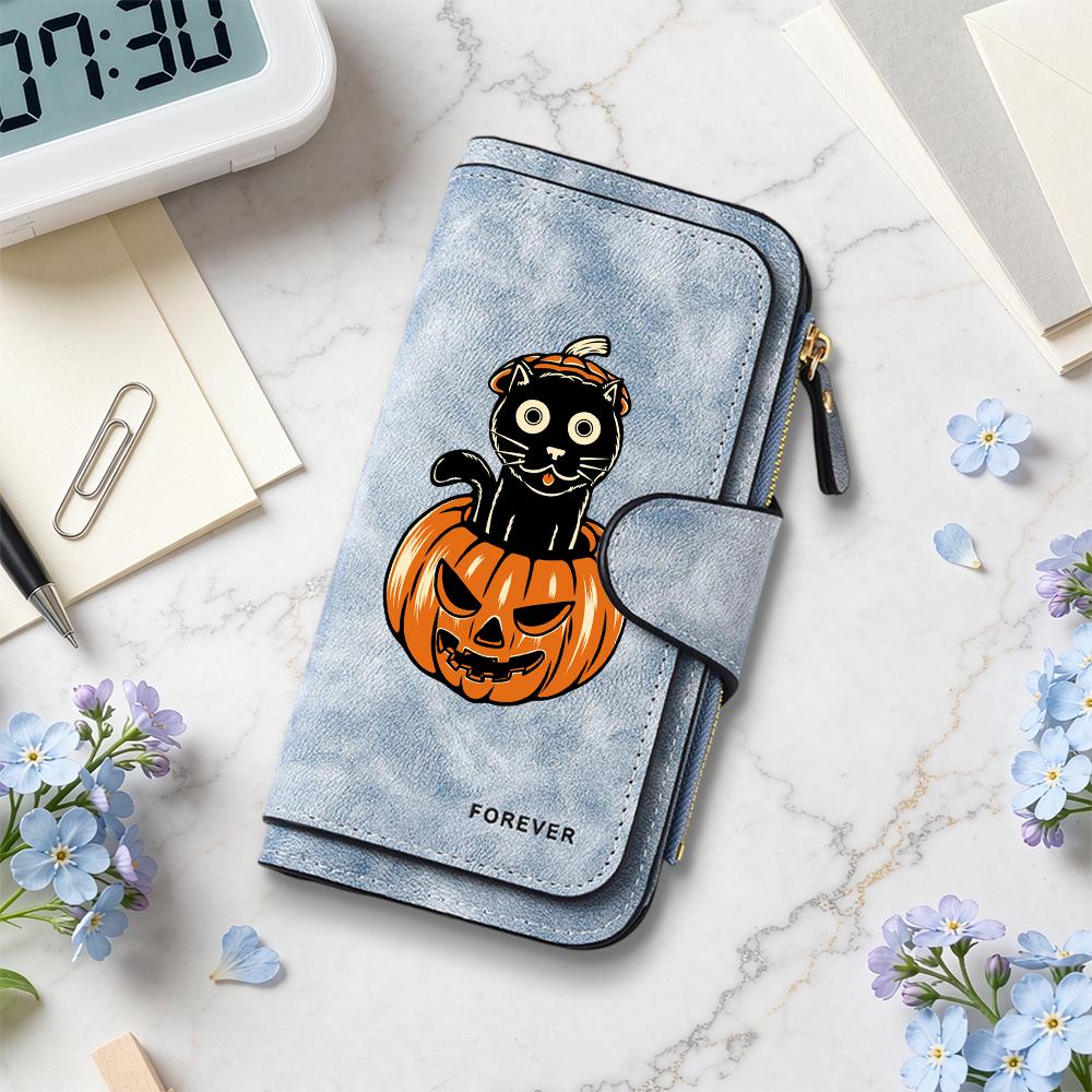 Halloween Black Cat Pumpkin Pattern Long PU Wallet Cute Fashion Multi Card Slot Purse for Daily Use