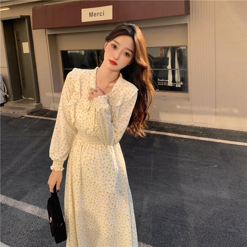 Light-colored Floral Korean Silk Long Dress Women's Spring Autumn French Style Long Skirt