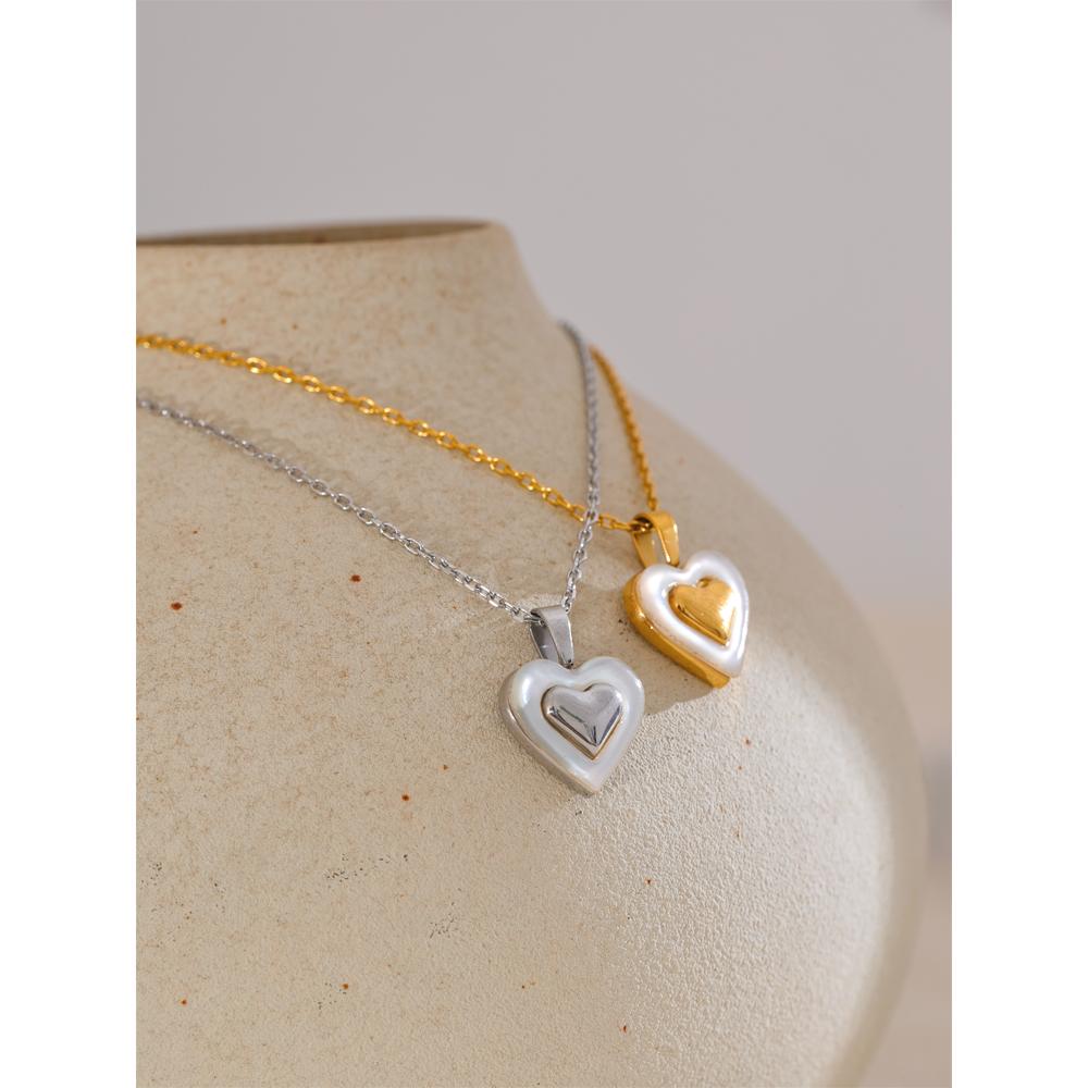 Yhpup Valentine's Day Gift Shell Heart Love Chic Pendant Necklace for Women Stainless Steel Exquisite Collar Jewelry