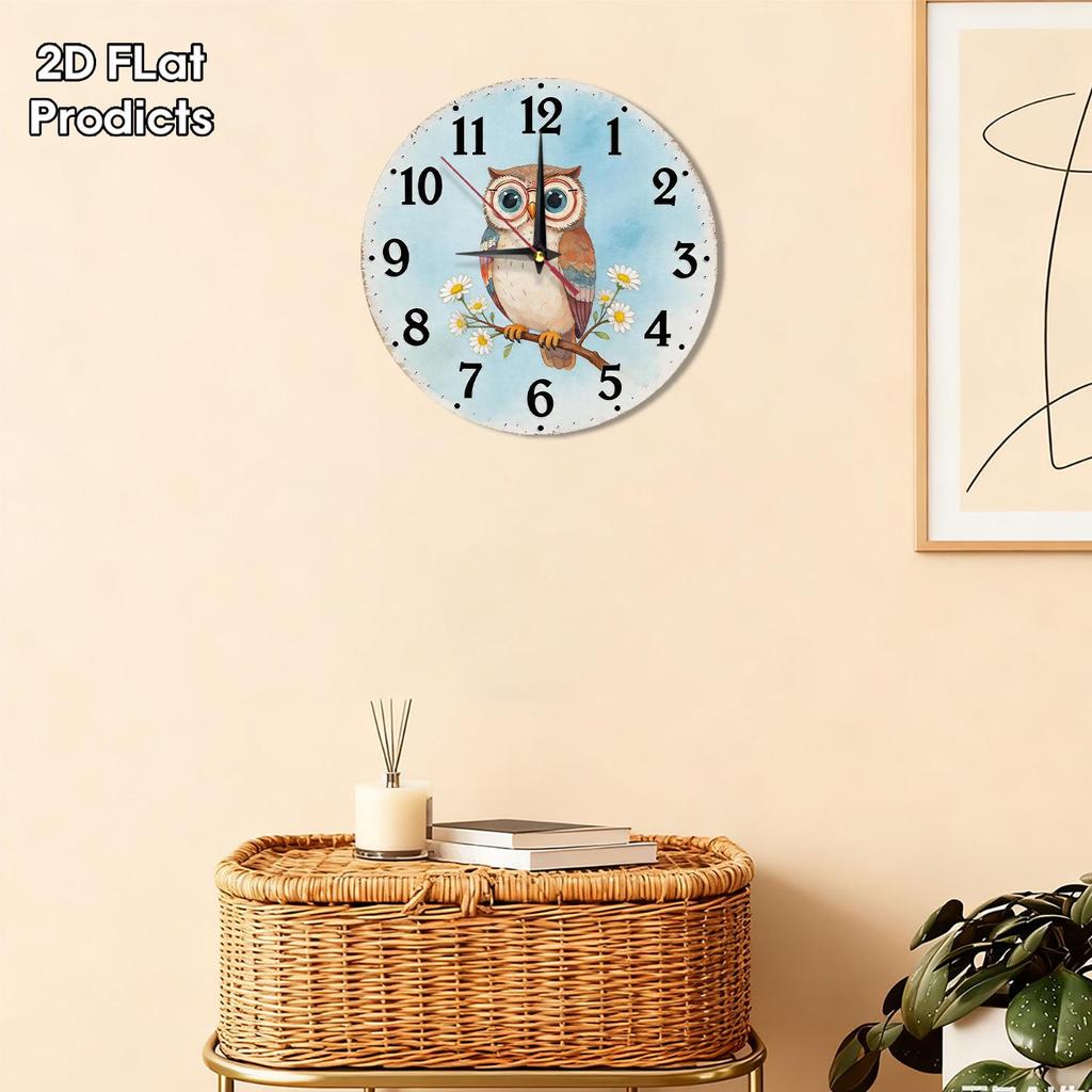 Watercolor Owl Daisy Wall Clock for Living Room or Entryway Decor