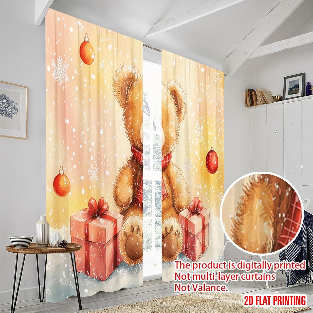2pcs,2D Plane Printing Pattern Curtains Cute Teddy Bear Snow Winter Polyester (without Rod) Decorations For Home for Bedroom,