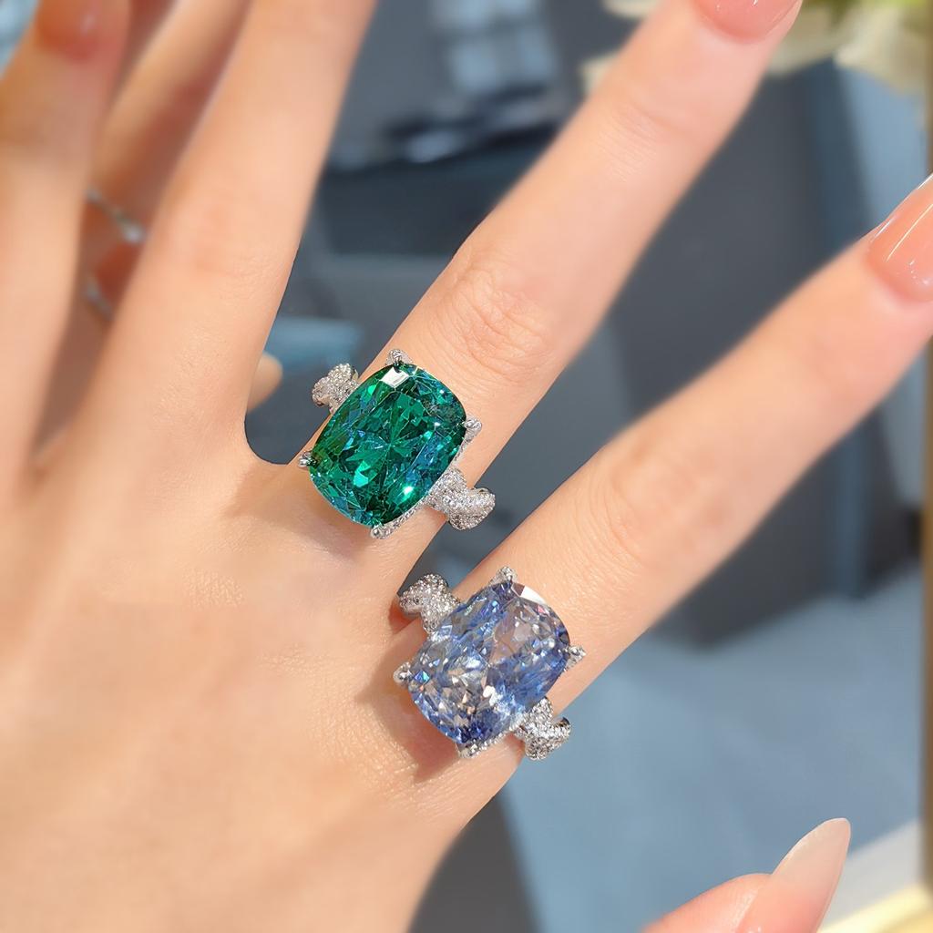 Simulation Paraiba Square Ring Women'S Premium Full Diamond Ice Flower Cut Fat Rectangular Tanzanite Blue Diamond Ring