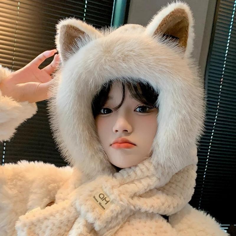 Cute Fox Ears Plush Hat Scarf Integrated Autumn and Winter New Warm Ear Protection Cute Cold Women
