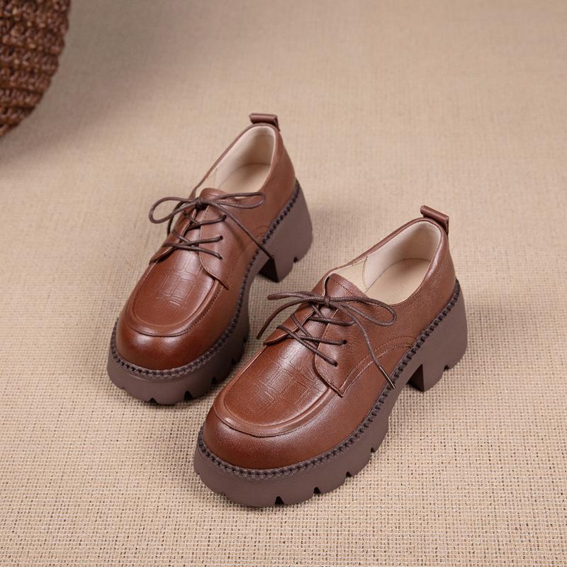 

The first layer of cowhide loafers women s spring and autumn new casual leather foam muffin sole lace-up single shoes platform women s shoes 40