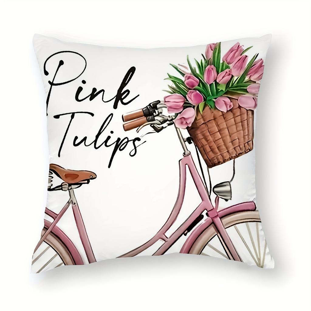 Pink Spring Tulip Print Home Decor Pillowcase Bedroom Living Room Sofa Decoration Polyester Cushion Cover with Zipper