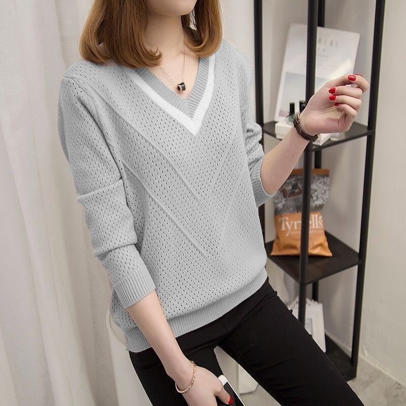 Damen Lässiger Hohlstrickpullover Herbst Winter V-Ausschnitt Langarm Warmer Pullover Damen Pullover