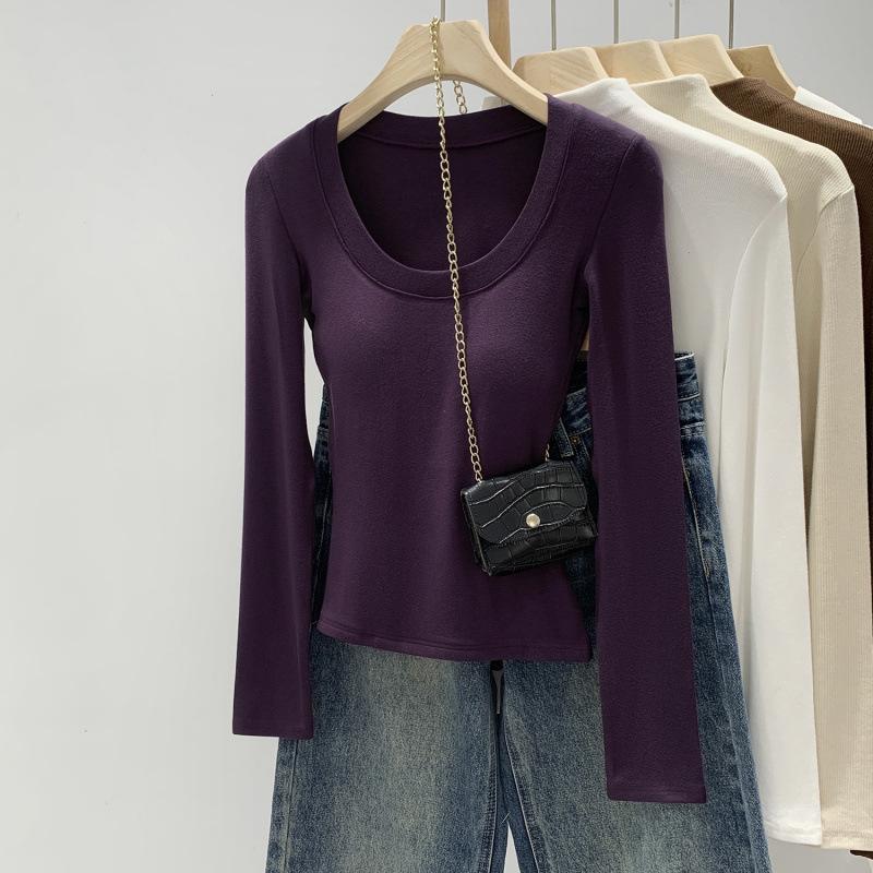 

European-Style Women s Pink Long-Sleeve T-Shirt with Built-in Bra, U-Neck, New Autumn/Winter Slimming Base Layer L фіолетовий