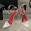 Fashion Liyke 2025 Summer Fashion White Patent Leather Ankle Strap Sandals Women Sexy Pointed Open Toe Stripper Heels Wedding Prom Shoes