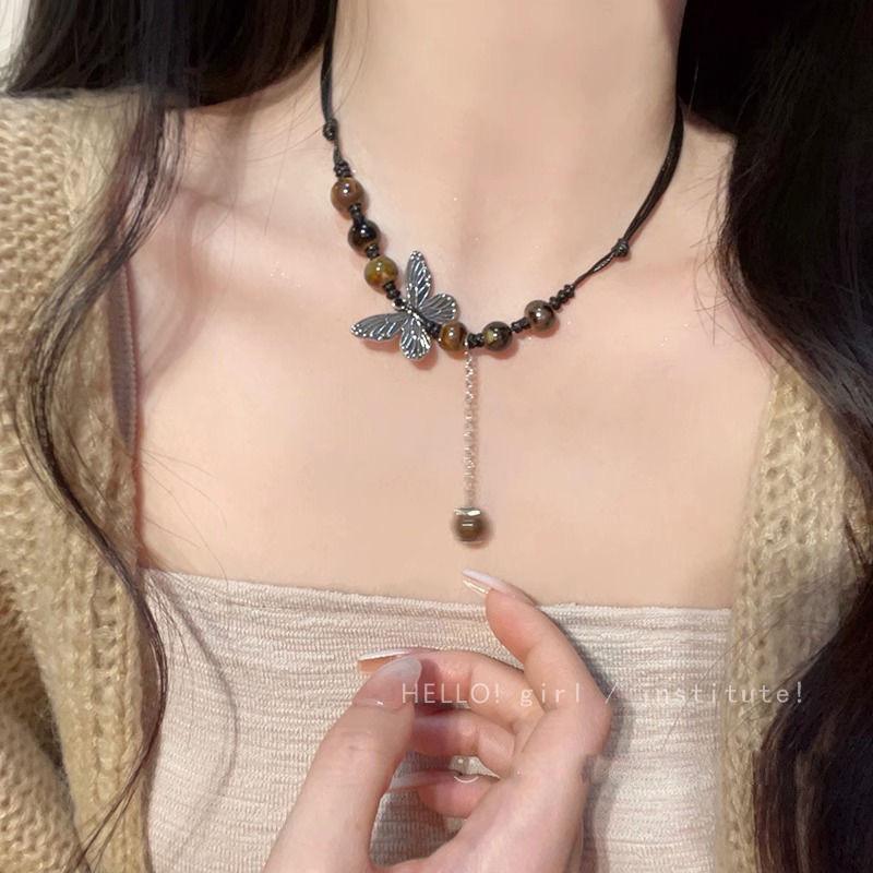 Butterfly Necklace Guochao Antique Clavicle Chain Drawstring Neck Chain Creative Ethnic Style Fashion Beaded Clavicle Chain