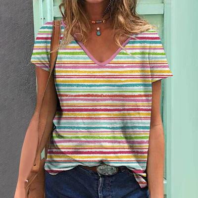 3D Striped Print T-Shirts für Frauen Übergroße V-Ausschnitt Kurzarm Tops Sommermode Beliebte weibliche Kleidung 2024 Streetwear