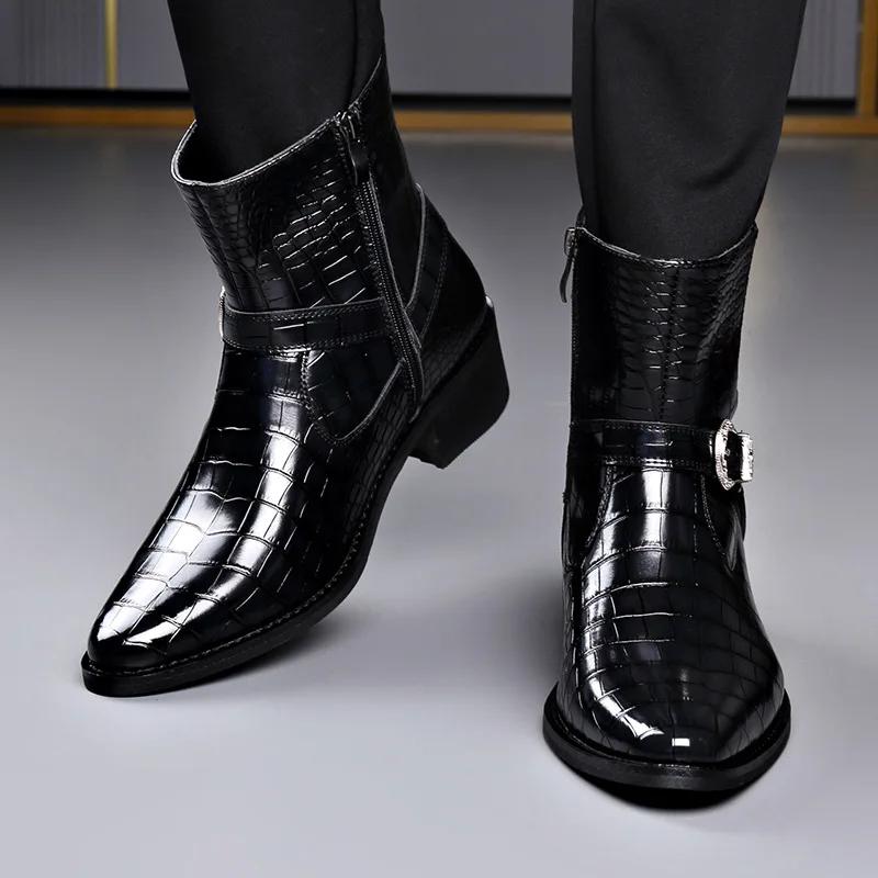 Mode Große Größe Schnalle Designer Leder Chelsea Stiefel Männer Mode Lässig Schwarz Herbst Witner Kleid Schuhe Mann Stein Muster Stiefeletten