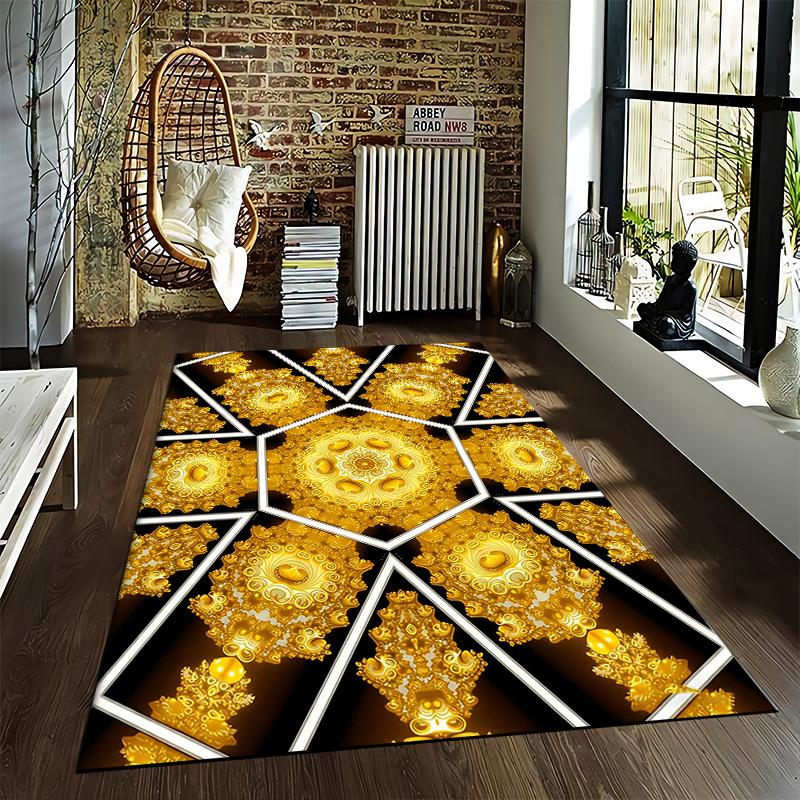 Golden Geometric and Floral Pattern Carpet with Black Background Suitable for use as an anti-slip for living room bedroom sofas
