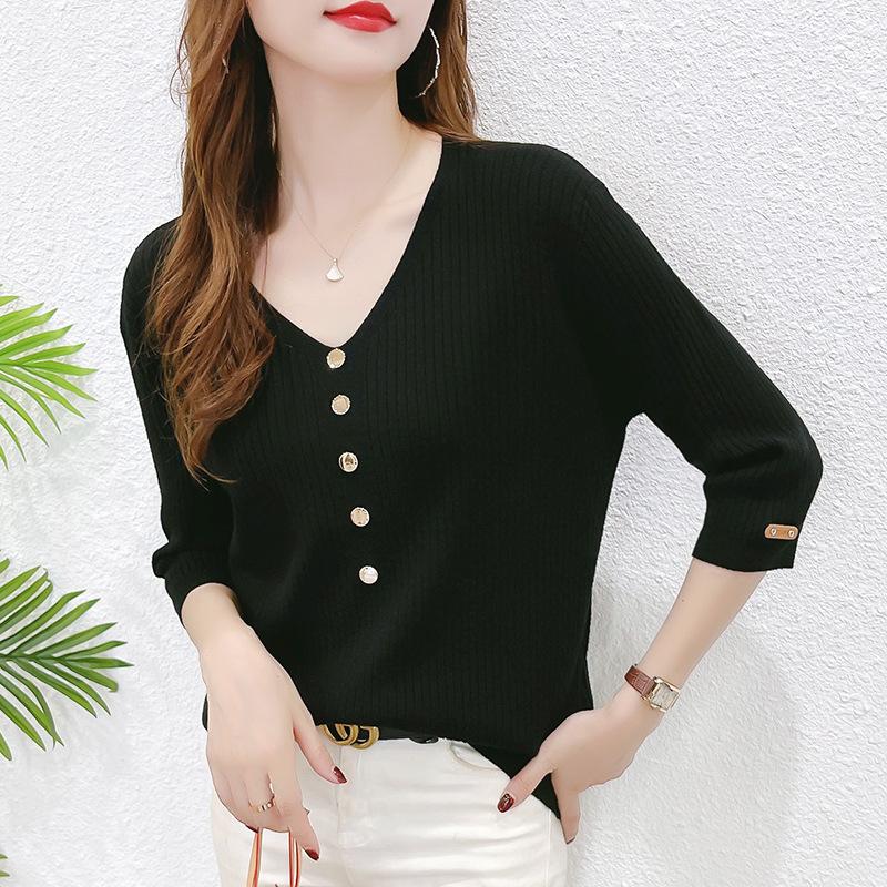 

Early spring seven-quarter sleeve knitted sweater early spring new women s clothing shirt thin loose and thin black bottoming shirt one size fits all чорний