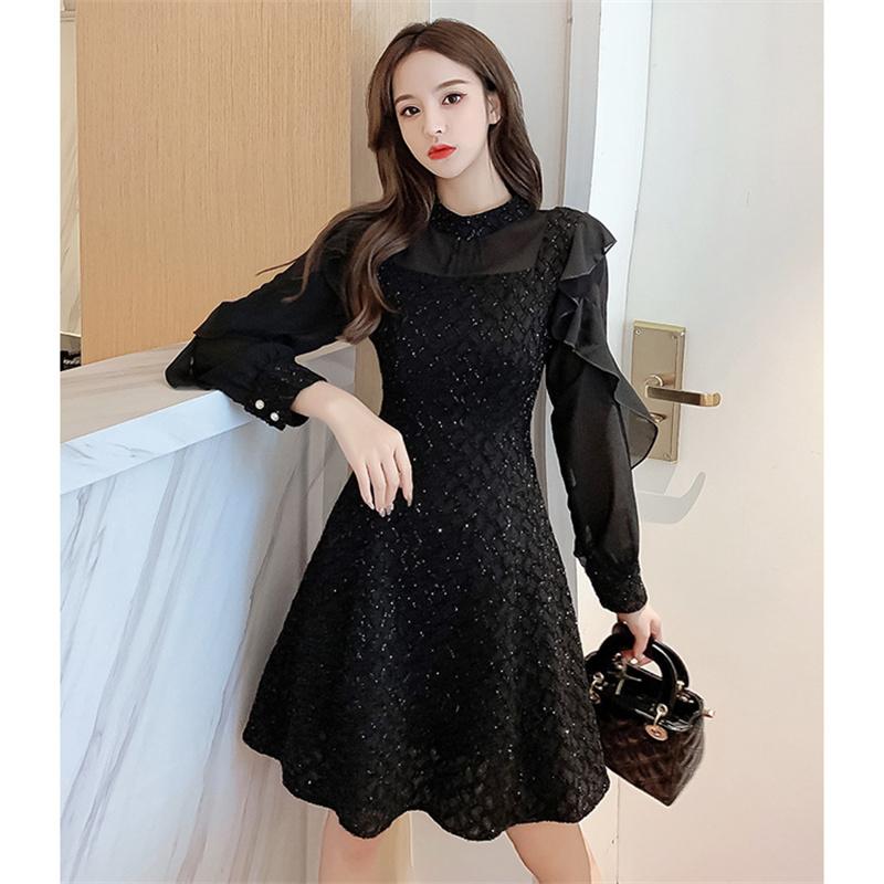 Elegant Bodycon Sexy Women's Dress for Women Long Sleeve Chiffon Ruffles Patchwork A-line Dresses Woman Robe Femme Ladies Black