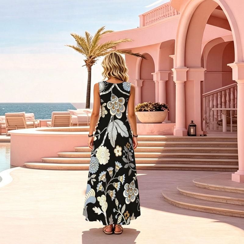 Floral Sleeveless Loose Fit Maxi Dress Soft Flowy Tank Dress for Vacation,Daily Casual Outings