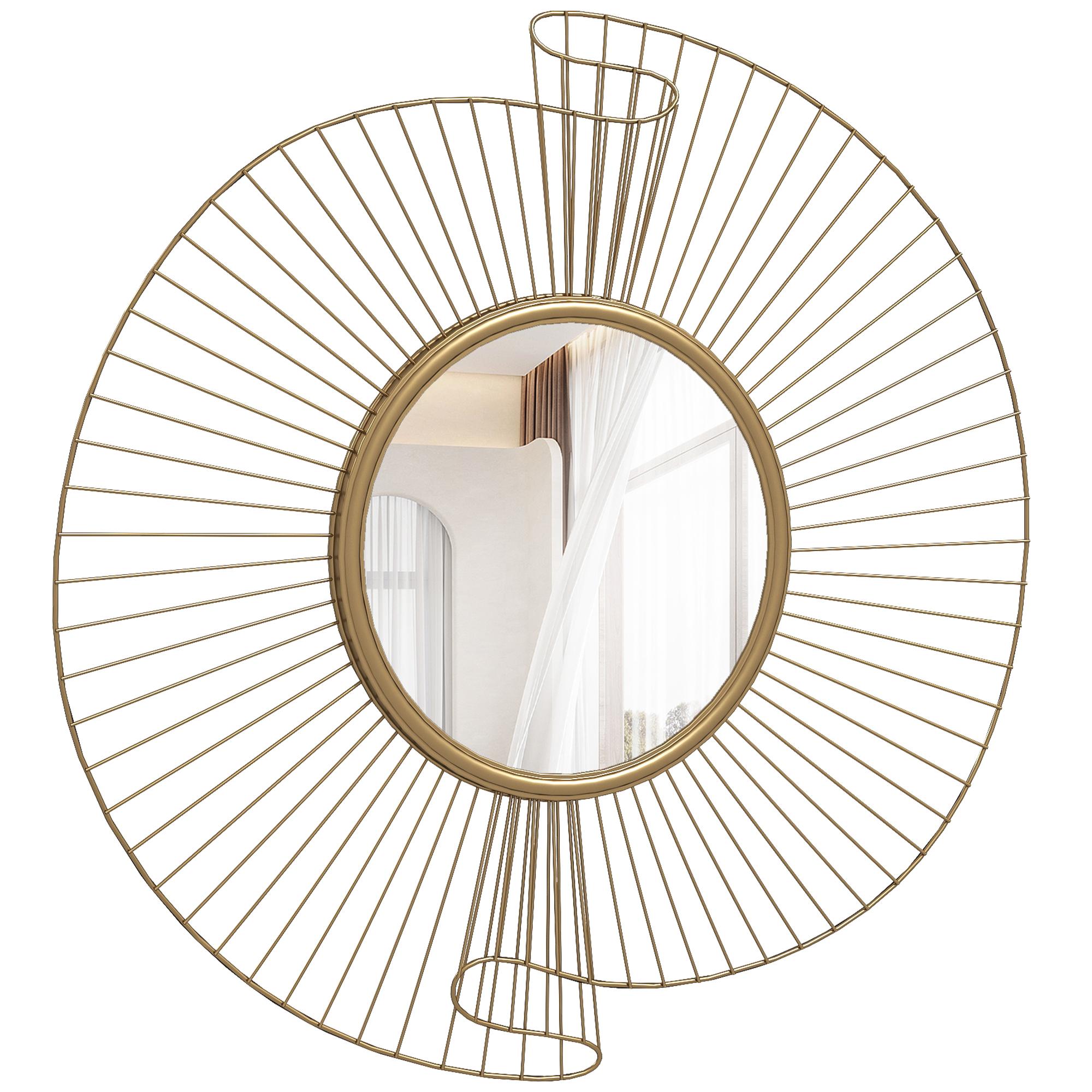 Miroir Rond Décoratif 60 Cm Avec Support à 360 Degrés Décoration Murale Moderne en Métal Avec Détails Plissés Doré