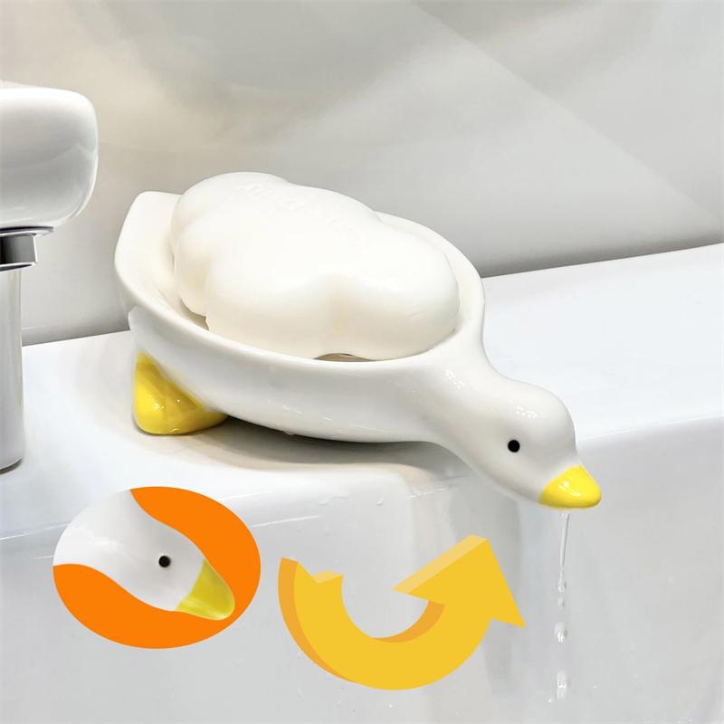Self-Draining Duck Soap Dish with Drainage Holes Plastic Soap Sponge Holder Non-Slip Soap Tray Saver for Bathroom Kitchen Sink
