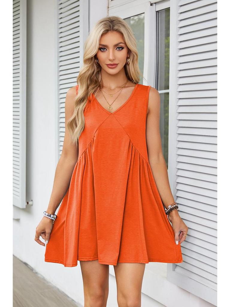 2025 European & American Women's V-Neck Sleeveless Pleated Pocket Dress - Spring/Summer Trend