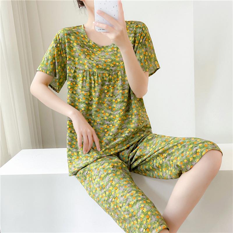 New cotton and silk pajamas women's summer thin two-piece set short-sleeved rayon cotton silk cute loose large size loungewear