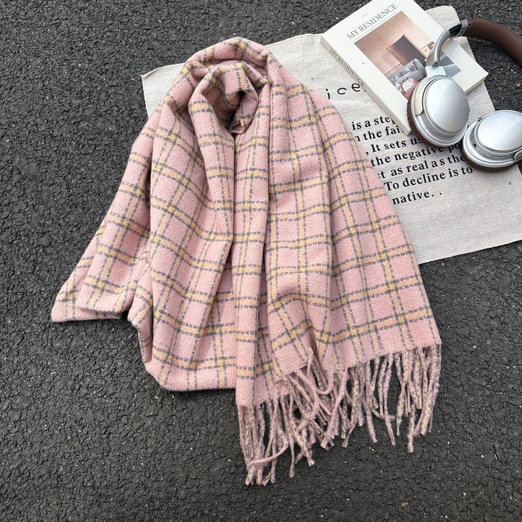 Korean Style High End Plaid Tassel Simple Scarf for Women Autumn and Winter Warm Shawl Fashion Imitation Cashmere Scarf