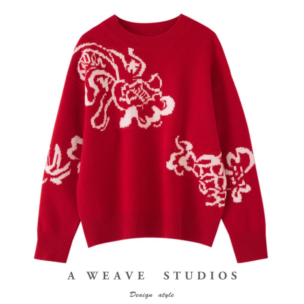 Women's Zodiac Year Red 100% Pure Wool Jacquard Sweater - Cozy, Soft, and Loose Fit