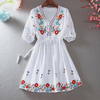 Pastoral Retro Embroidered Floral V-Neck Ruffle Dress