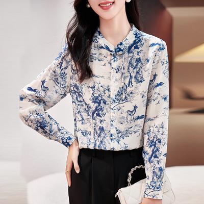 Printed Double Crepe Silk Shirt Women's Long Sleeves New Temperament Trendy Mulberry Silk Retro Button-up Top