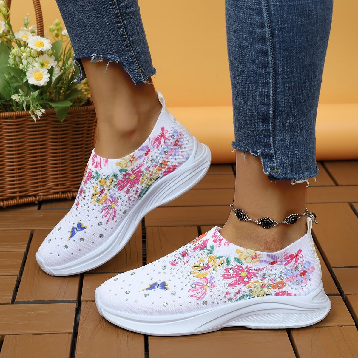 

Women s Rhinestone Floral Butterfly Print Slip-On Sneakers - Breathable Knitted Sneakers 35 білий