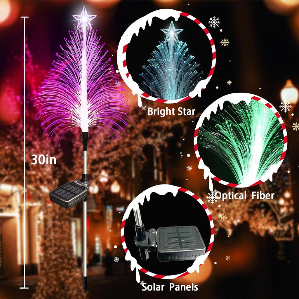 Solar Christmas Tree Garden Stake Lights Outdoor Waterproof Color Changing Christmas Lighted Optical Fiber Xmas Pathway Lights