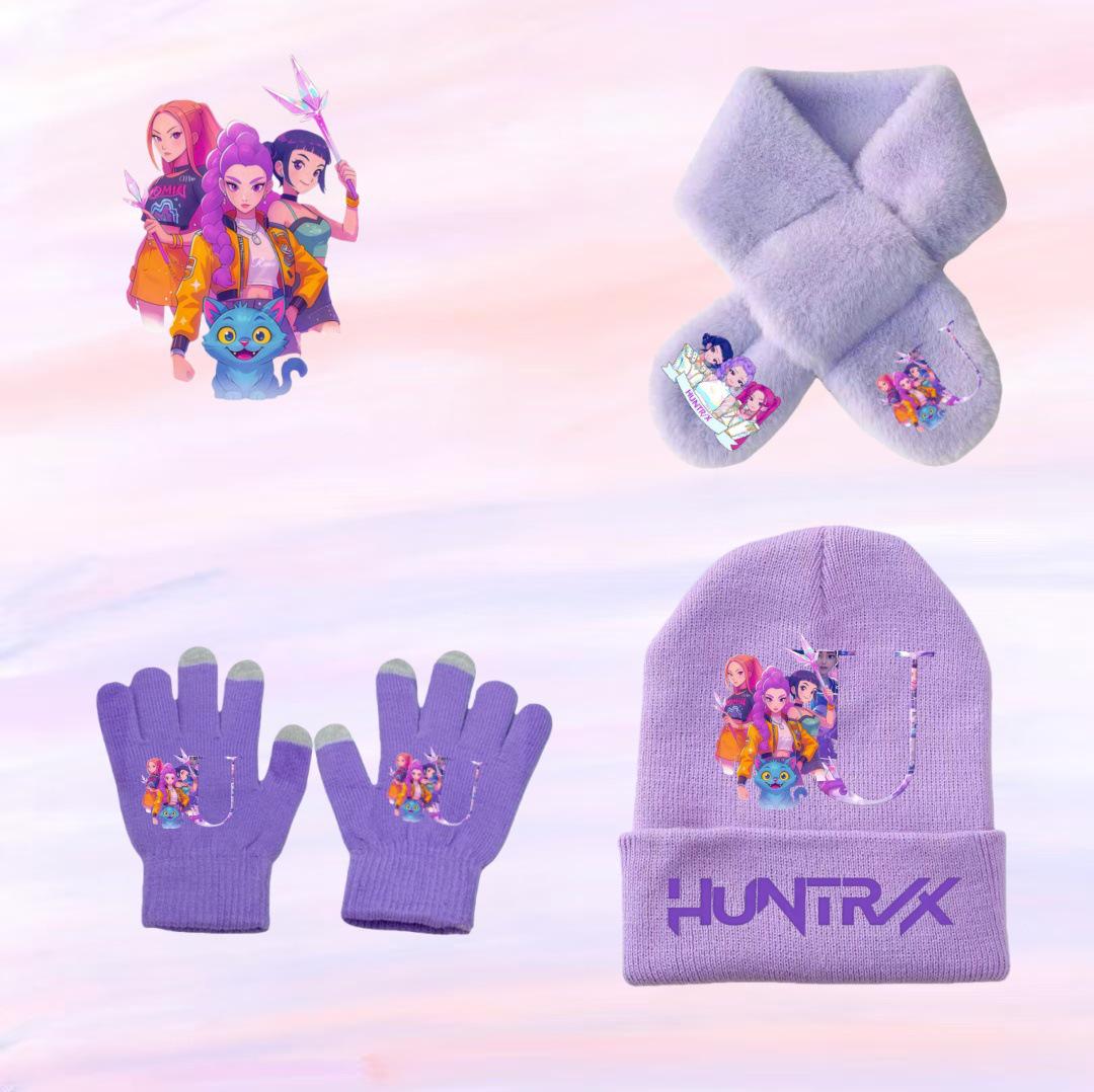 Kpop Monster Hunter Hexenmädchen Winter Strickmützen-Schal-Handschuh-Set für Kinder gray