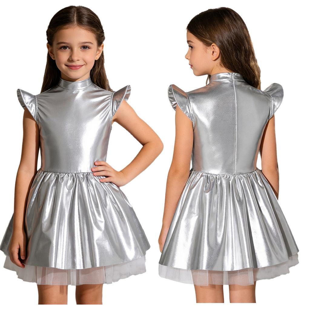 Schillerndes Alien-Tutu-Kleid für Mädchen, Glänzendes Kostüm mit Stehkragen, Flatterärmeln & Reißverschluss hinten, Bühnenauftritt & Party