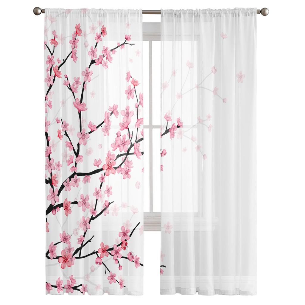 Spring Cherry Blossom Sheer Curtains Modern Gauze Curtain for Living Room Bedroom Voile Yarn Curtains
