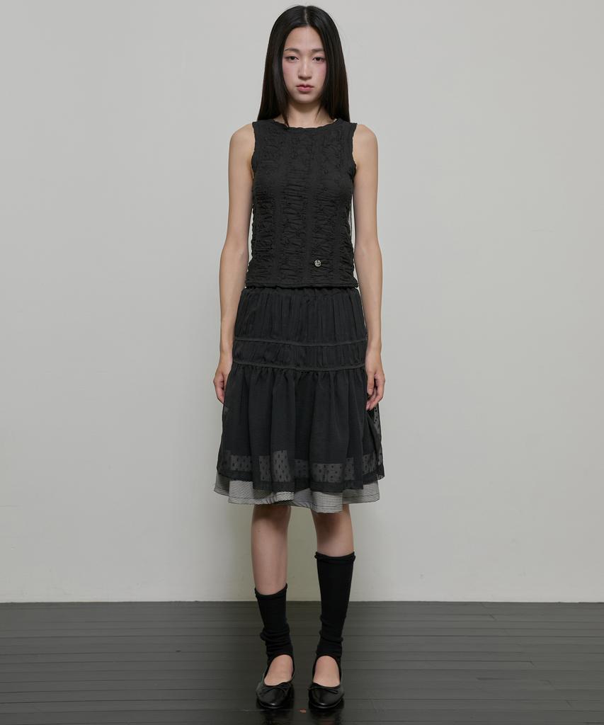 Peulleeoeob Layered Crinkle Check Skirt (Fl-269_Black)