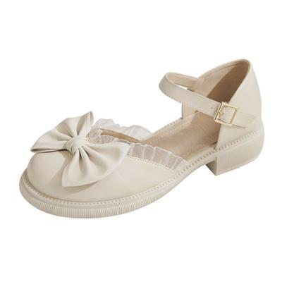 2025 Summer New Bow Mary Jane Sandals Women's Thick Heel Small Leather Shoes Gentle with Skirt Single Shoes