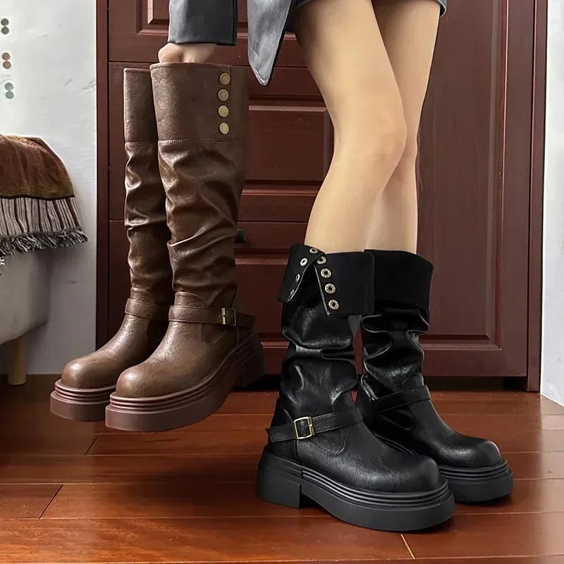 Fashion Long Boots Women's Autumn and Winter New Style Leather Buckle Strap Thick Soled Boots Fashionable British Knee High Knight Boots